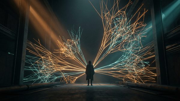A lone figure standing still while luminous threads branch outward in exponential patterns
