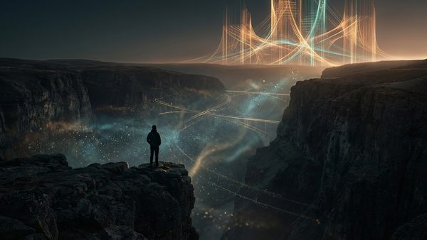 A lone figure standing at a cliff edge looking across a glowing chasm